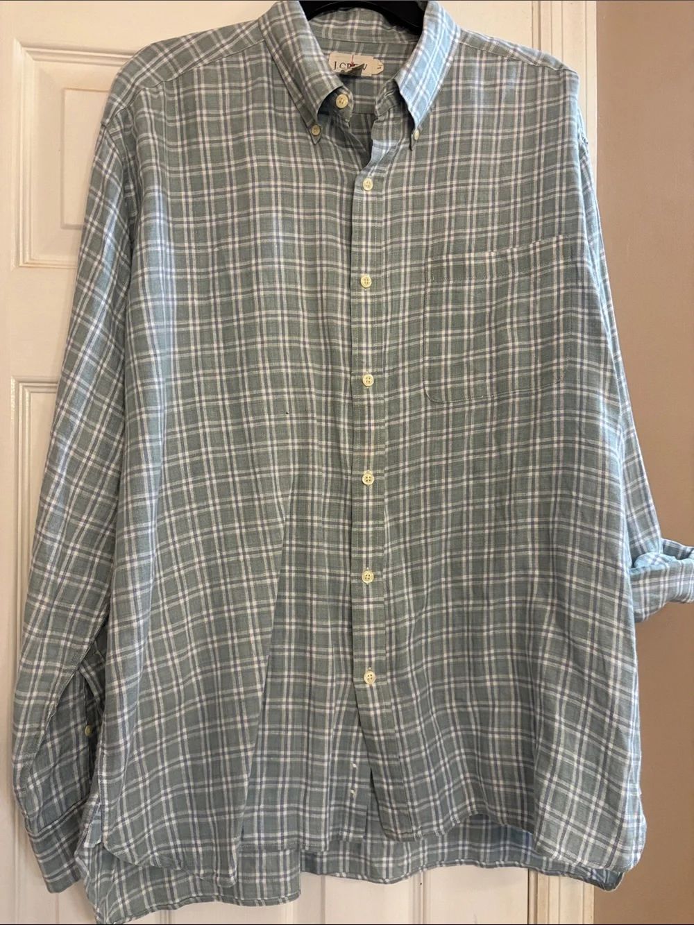 J. Crew Linen Green Plaid Button-Down Mens Shirt large
